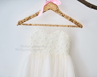 Pearl Beaded Champagne Tulle Flower Girl Dress Wedding Junior Bridesmaid Dress M0023