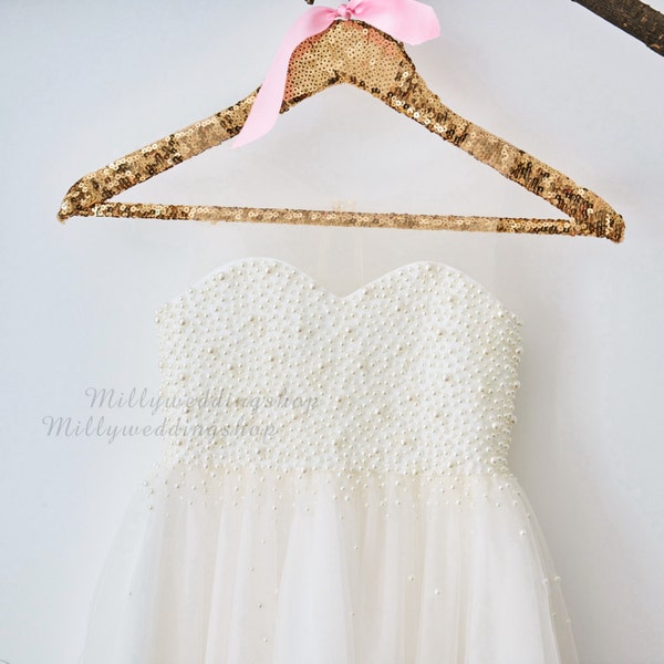 Pearl Beaded Champagne Tulle Flower Girl Dress Wedding Junior Bridesmaid Dress M0023