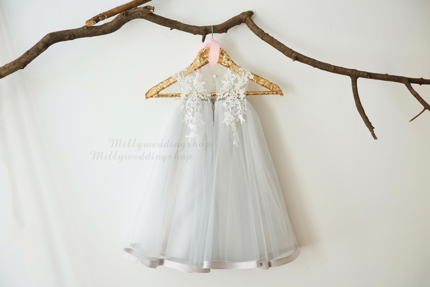 Ivory Lace Silver Grey Tulle Flower Girl Dress M0044 - Etsy