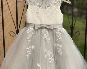 Silver Grey Illusion Sheer Lace Flower Girl Dress M0062B