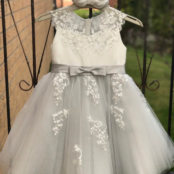 Silver Grey Illusion Pure Lace Flower Girl Robe M0062B