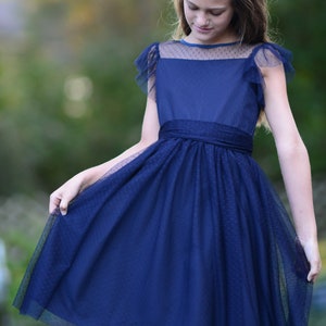 Cap Sleeves Navy Blue Tulle Flower Girl Dress Junior Bridesmaid Wedding ...