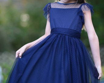 Cap Sleeves Navy Blue Tulle  Flower Girl Dress Junior Bridesmaid Wedding Party Dress M0020