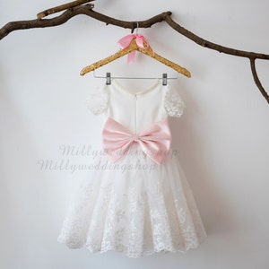 Short Sleeves Satin Lace Tulle with Blush Pink Bow Flower Girl Dress Wedding Bridesmaid Dress M0034