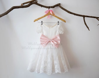 Short Sleeves Satin Lace Tulle with Blush Pink Bow Flower Girl Dress Wedding Bridesmaid Dress M0034