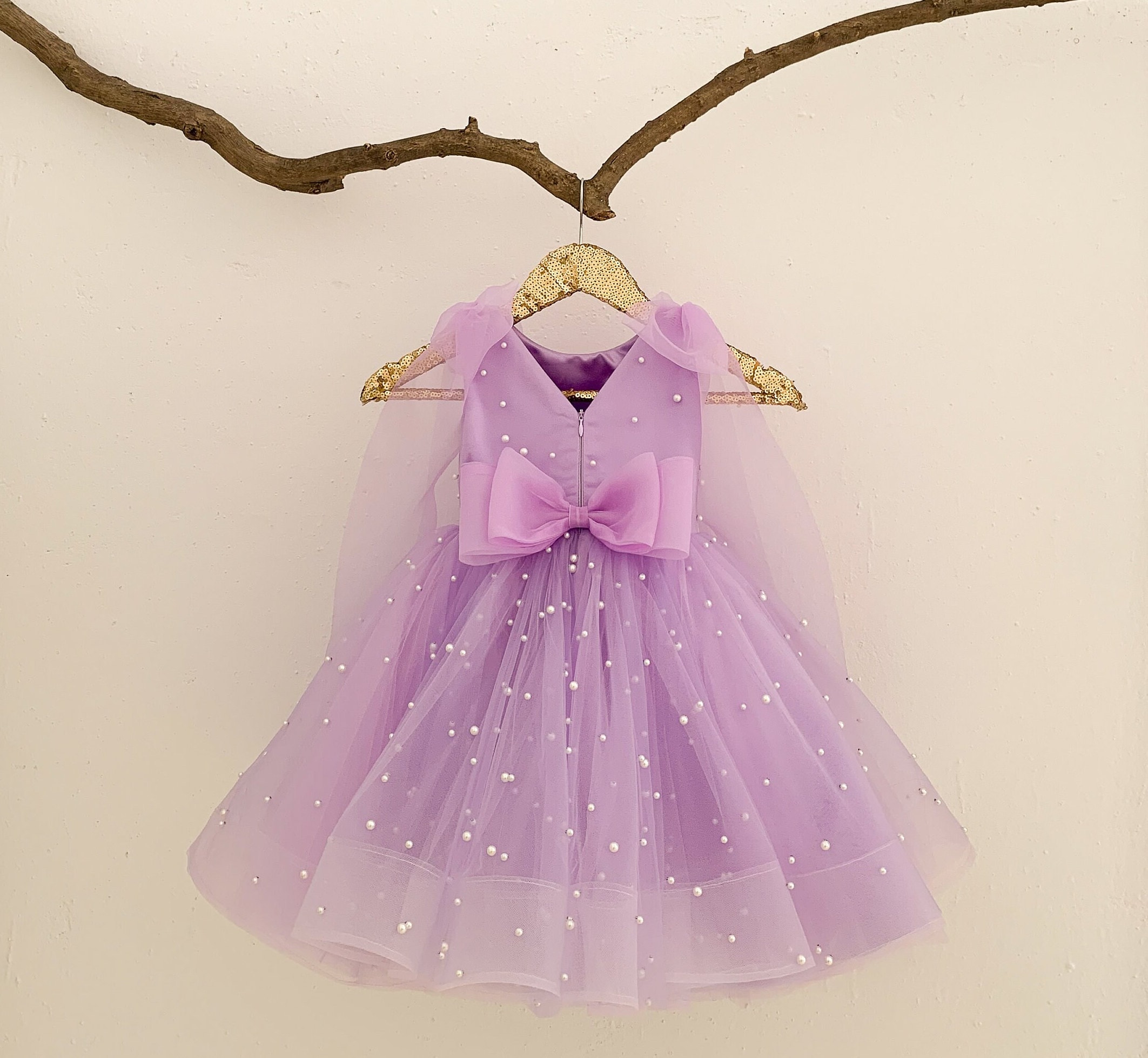 A-line Beaded Purple Tulle Floor Length Horsehair Hem Flower Girl Dress