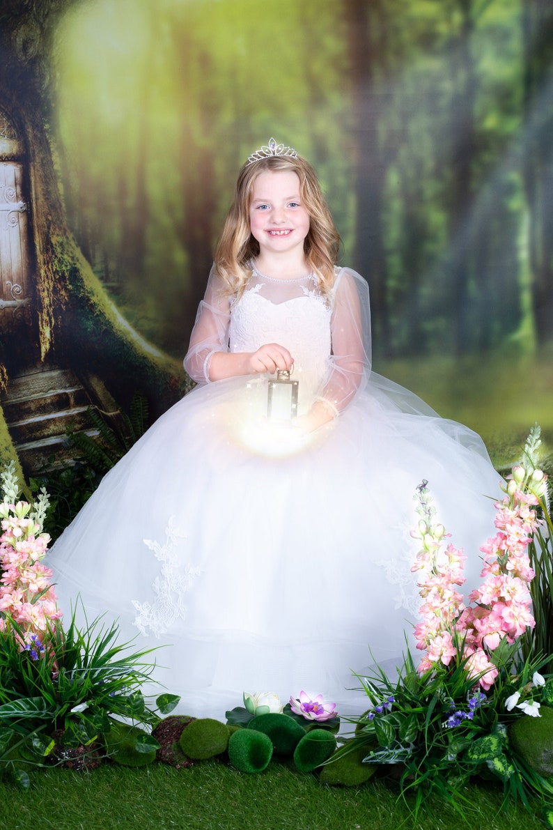 Long Sleeves Floor Length Ivory Lace Tulle Flower Girl Bridesmaid Dress M0088 image 3