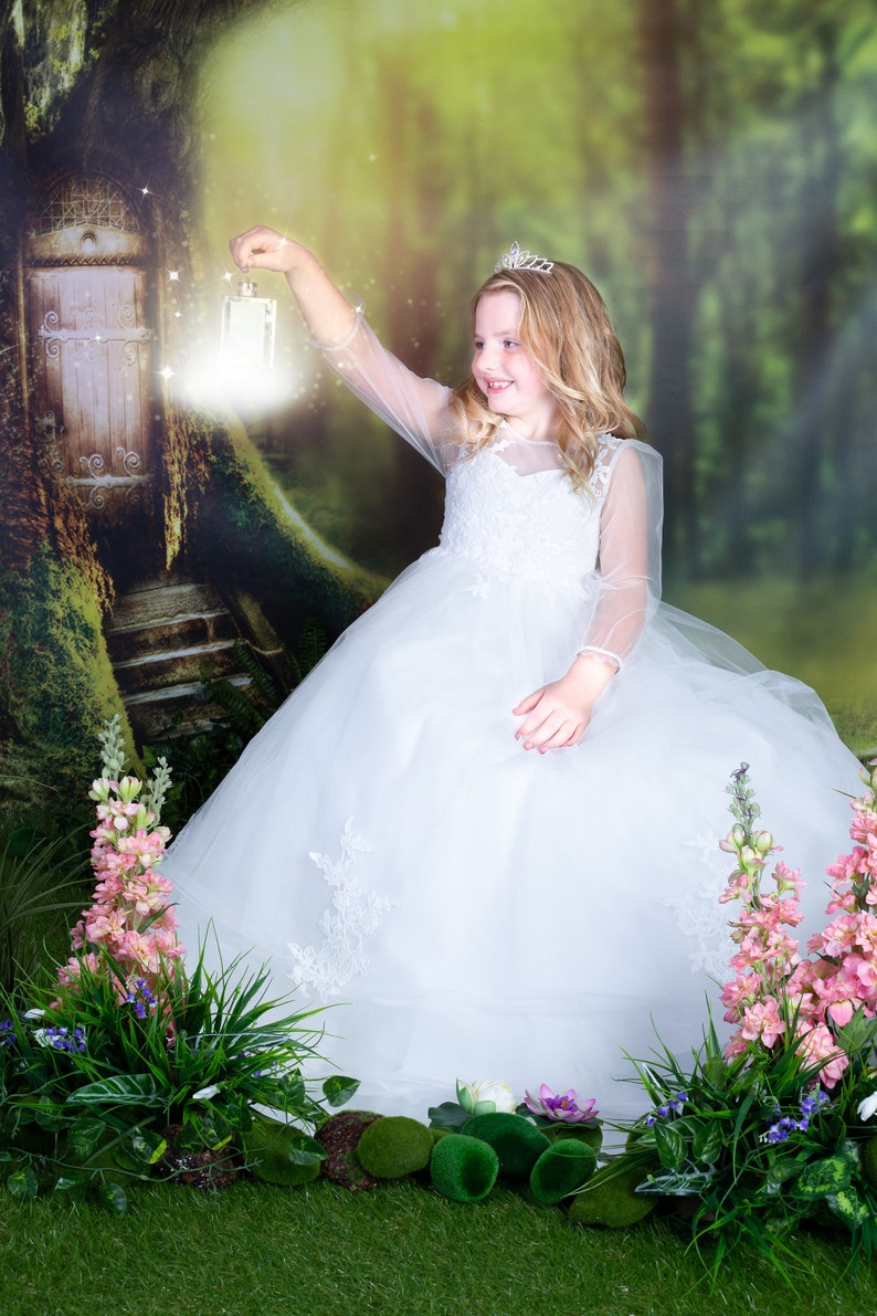 Long Sleeves Floor Length Ivory Lace Tulle Flower Girl Bridesmaid Dress M0088 image 2