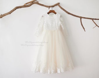 Long Sleeves Floor Length Ivory Lace Champagne Tulle Wedding Flower Girl Dress M0080