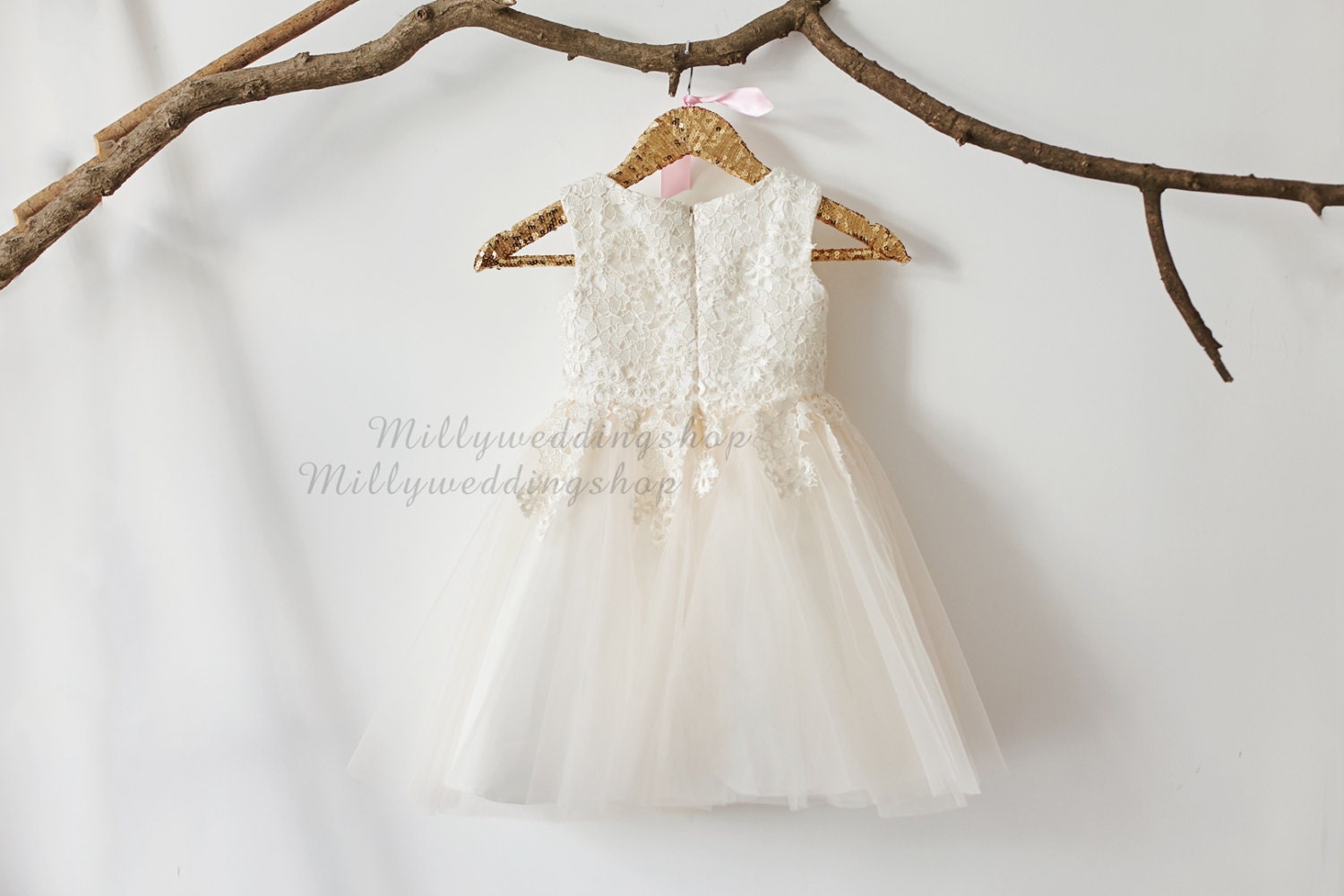 Luxury Ivory Lace Champagne Tulle Flower Girl Dress M0016