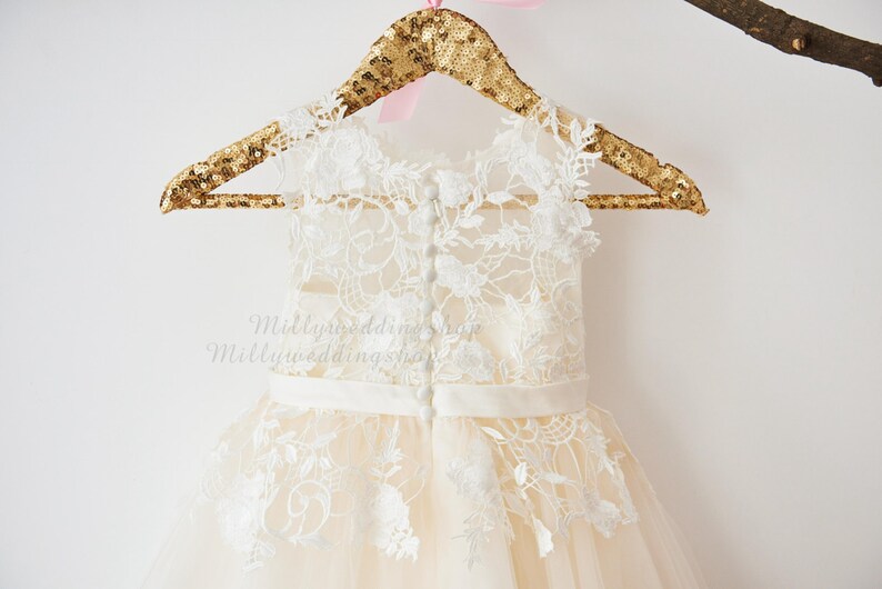 Ivory Lace Champagne Tulle Flower Girl Dress with Bow Belt M0049 image 3