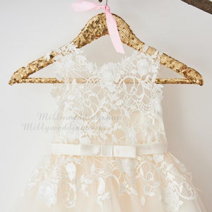Ivory Lace Champagne Tulle Flower Girl Dress with Bow Belt M0049 image 1