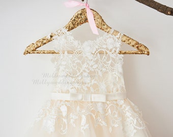 Ivory Lace Champagne Tulle Flower Girl Dress with Bow Belt  M0049