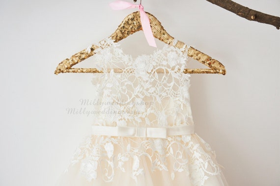 Ivory Lace Champagne Tulle Flower Girl Dress with Bow Belt  M0049