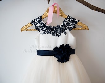 Cap Sleeves Navy Blue Lace Champagne  Tulle Flower Girl Dress Wedding Bridesmaid Dress M0038