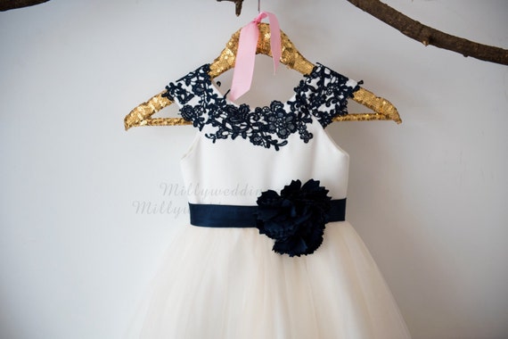 Cap Sleeves Navy Blue Lace Champagne  Tulle Flower Girl Dress Wedding Bridesmaid Dress M0038