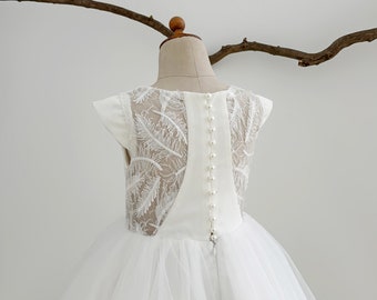 Feather Lace Capped Sleeves Satin Tulle Flower Girl Dress Wedding Bridesmaid Dress M100