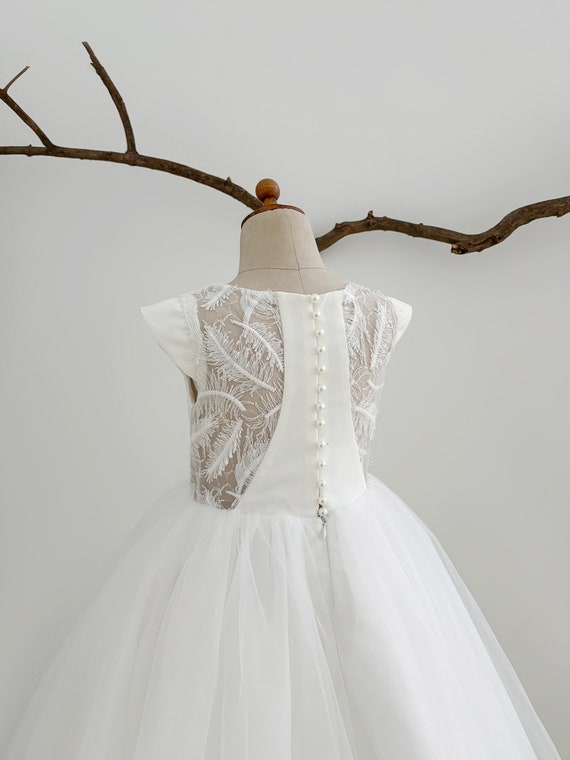 Feather Lace Capped Sleeves Satin Tulle Flower Girl Dress Wedding Bridesmaid Dress M100