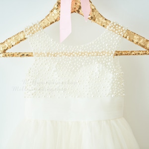 V Back Pearl Beaded Lace Champagne Tulle Flower Girl Dress Wedding Bridesmaid Dress M0055