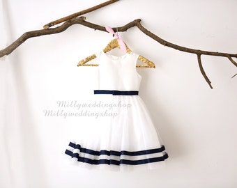 Ivory Taffeta Tulle Navy Blue Stripes  Flower Girl Dress Wedding Junior Bridesmaid Dress M0031