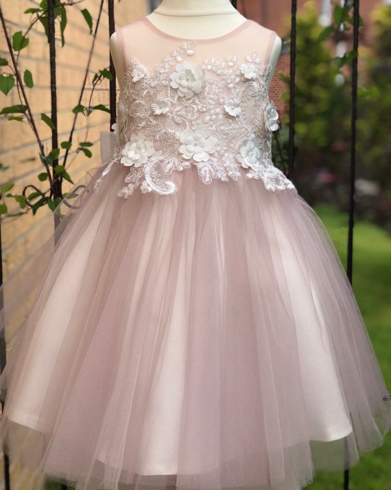 Dusty Rose 3D Flower Lace V Back Wedding Flower Girl Dress M0078B