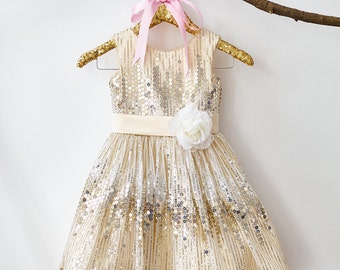 Champagne Sequin Flower Girl Dress Junior Bridesmaid Wedding Party Dress M004