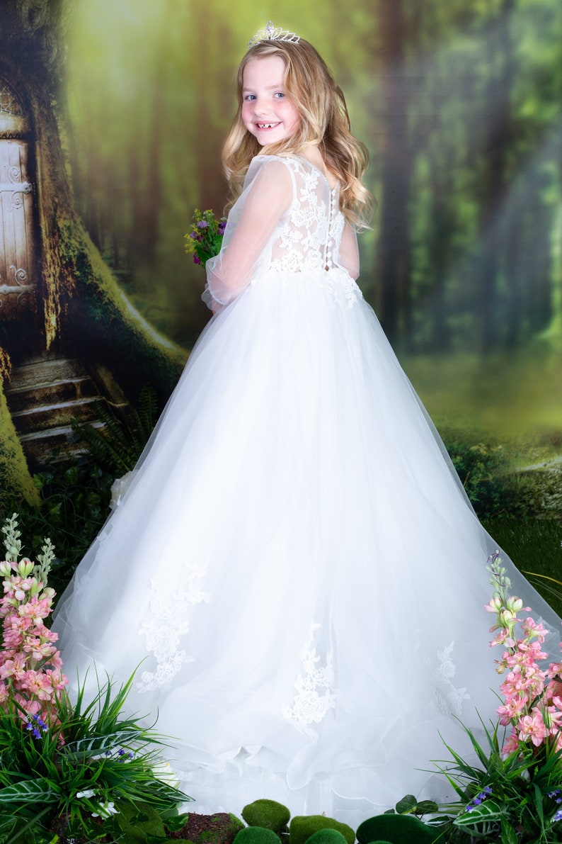 Long Sleeves Floor Length Ivory Lace Tulle Flower Girl Bridesmaid Dress M0088 image 1