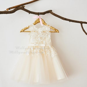 Ivory Lace Champagne Tulle Flower Girl Dress with Bow Belt M0049 image 2