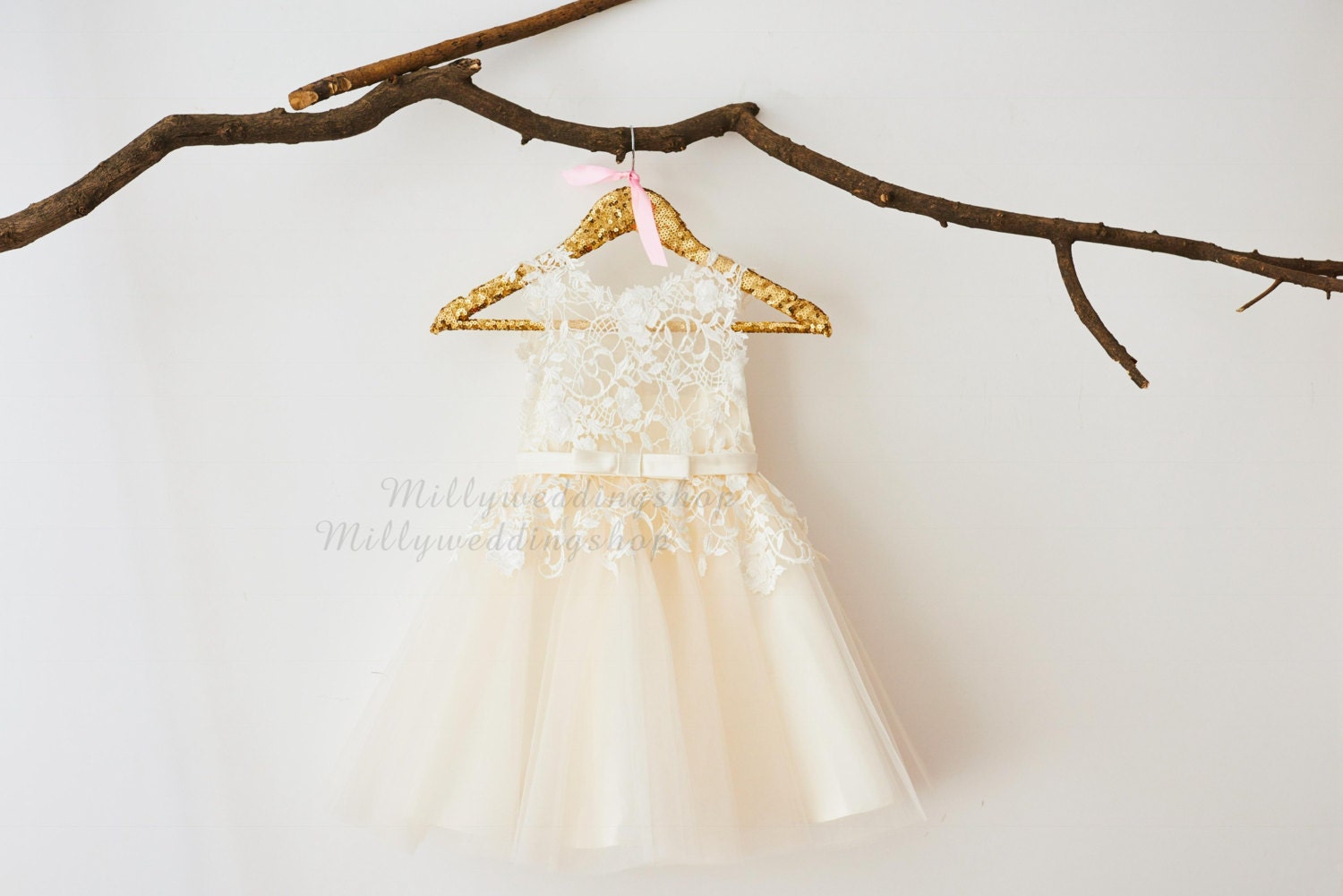 Ivory Lace Champagne Tulle Flower Girl Dress with Bow Belt M0049