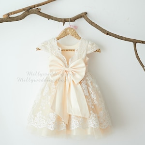 Ivory Lace V Back Champagne Tulle With Big Bow Wedding Flower Girl Dress M0085