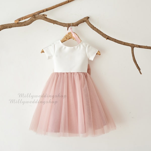 Robe de fille de fleur dusty rose rose tulle avec le grand arc M0083