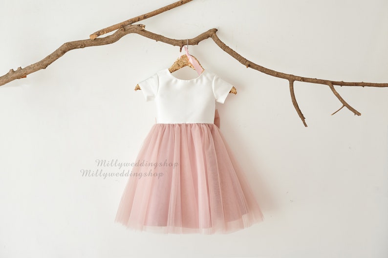 Flower Girl Dress Dusty Rose Pink Tulle With Big Bow M0083 image 1