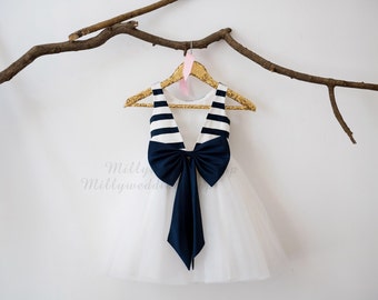 Ivory Navy Blue Taffeta Stripe V Back  Flower Girl Dress Wedding Bridesmaid Dress M0033