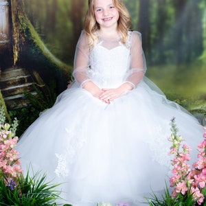 Long Sleeves Floor Length Ivory Lace Tulle Flower Girl Bridesmaid Dress M0088 image 5