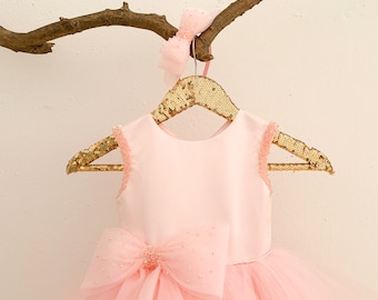 Blush Pink Wedding Flower Girl Dress M103 With Matching Hair Band