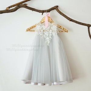 Ivory Lace Silver Grey Tulle Flower Girl Dress M0044