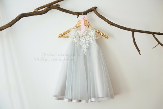 Ivory Lace Silver Grey Tulle Flower Girl Dress M0044