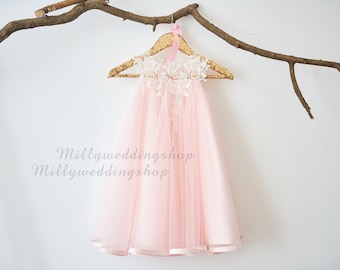 Ivory Lace light pink Tulle Flower Girl Dress M0026