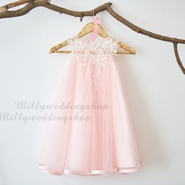 Ivory Lace light pink Tulle Flower Girl Dress M0026