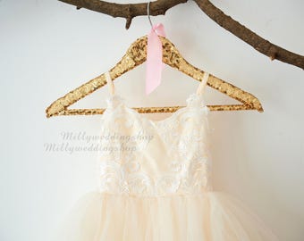 Spaghetti Straps Ivory Lace Champagne Tulle Organza Princess Wedding Flower Girl Dress M0069