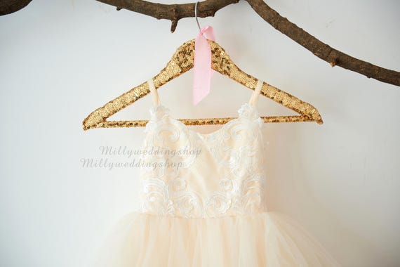 Spaghetti Straps Ivory Lace Champagne Tulle Organza Princess Wedding Flower Girl Dress M0069