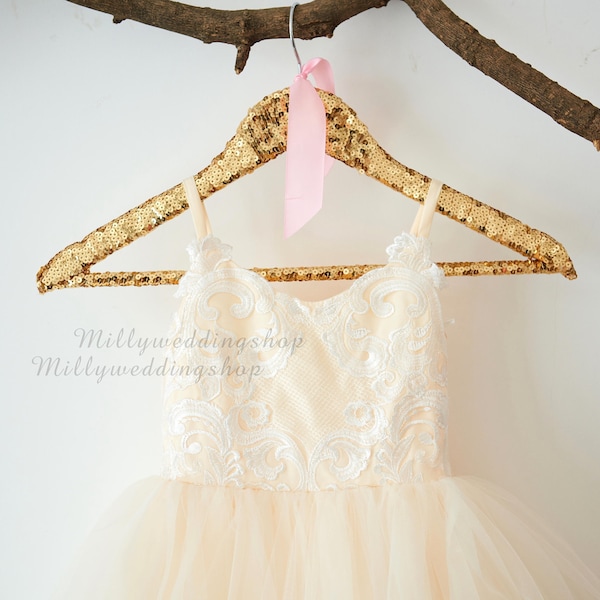 Spaghetti Straps Ivory Lace Champagne Tulle Organza Princess Wedding Flower Girl Dress M0069