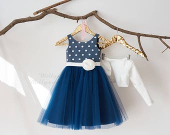 Navy Blue Tulle Ivory Polka Dot Wedding Flower Girl Dress with Long Sleeves Jacket M0065