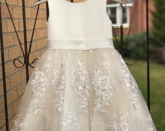 Ivory Satin Lace Champagne Tulle Flower Girl Dress Wedding Bridesmaid Dress M0036B