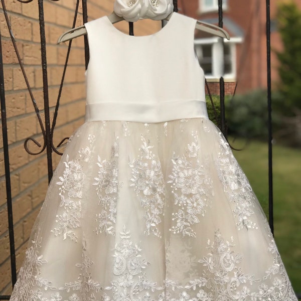 Ivory Satin Lace Champagne Tulle Flower Girl Dress Wedding Bridesmaid Dress M0036B