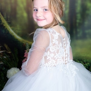 Long Sleeves Floor Length Ivory Lace Tulle Flower Girl Bridesmaid Dress M0088 image 6