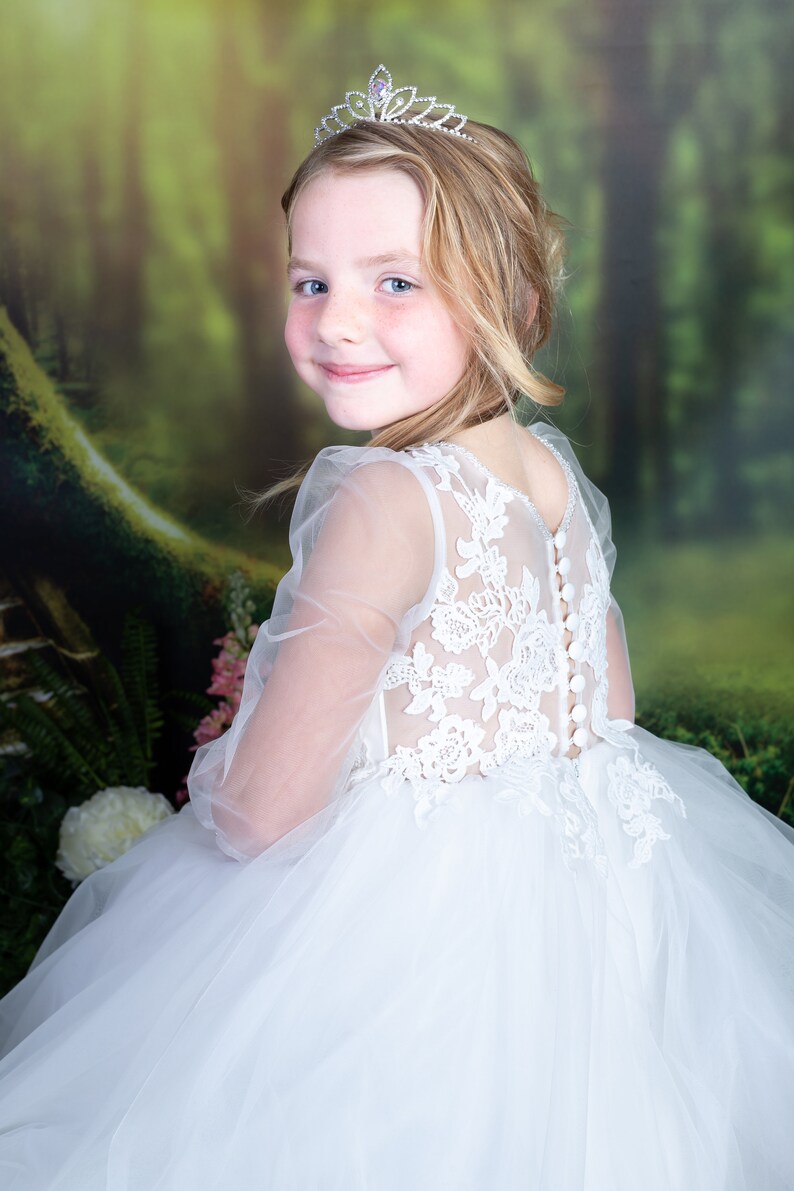 Long Sleeves Floor Length Ivory Lace Tulle Flower Girl Bridesmaid Dress M0088 image 6