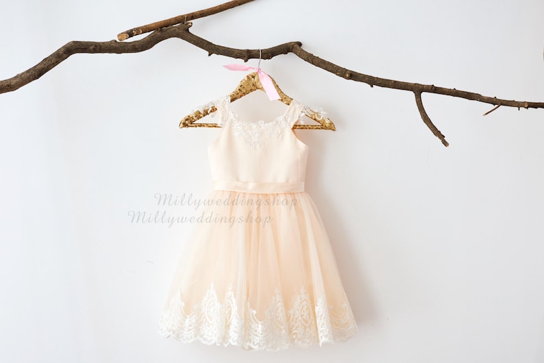 Champagne Tulle Lace Flower Girl Dress Wedding Bridesmaid Dress M0047