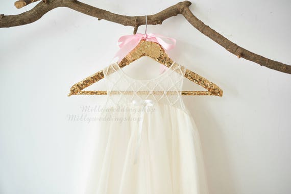 Boho Beach Pearl Beaded Lace Champagne Tulle Wedding Flower Girl Dress M0072