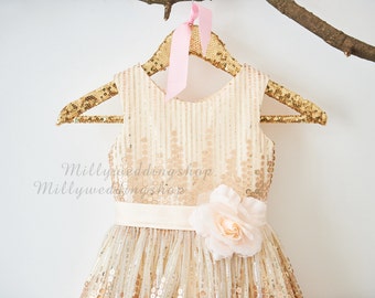 Rose Champagne Sequin Flower Girl Dress Junior Bridesmaid Wedding Party Dress M0027